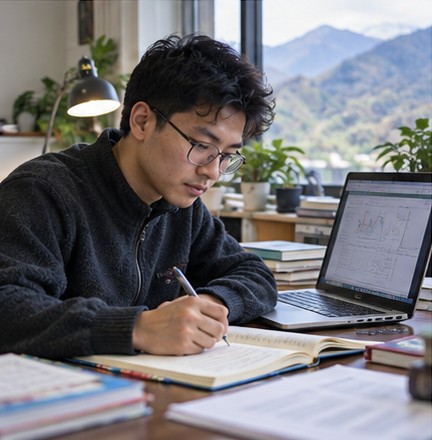 Research student reviewing data and research notes